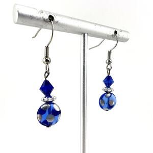 Silver Tone Royal Blue Art Glass Silver Polka Dot Crystal Accent Dangle Earrings